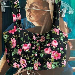 Parisian Black and Pink Floral Tank Top Cropped M